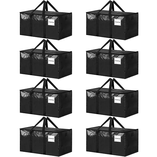 8 Pack Extra Large Heavy Duty Moving Bags, Black Storage Bins with Lids, Reinforced Handles & Heavy-Duty Zippers Moving Boxes Storage Bags Totes for Clothes Packing, Dorms, College Supplies, Black