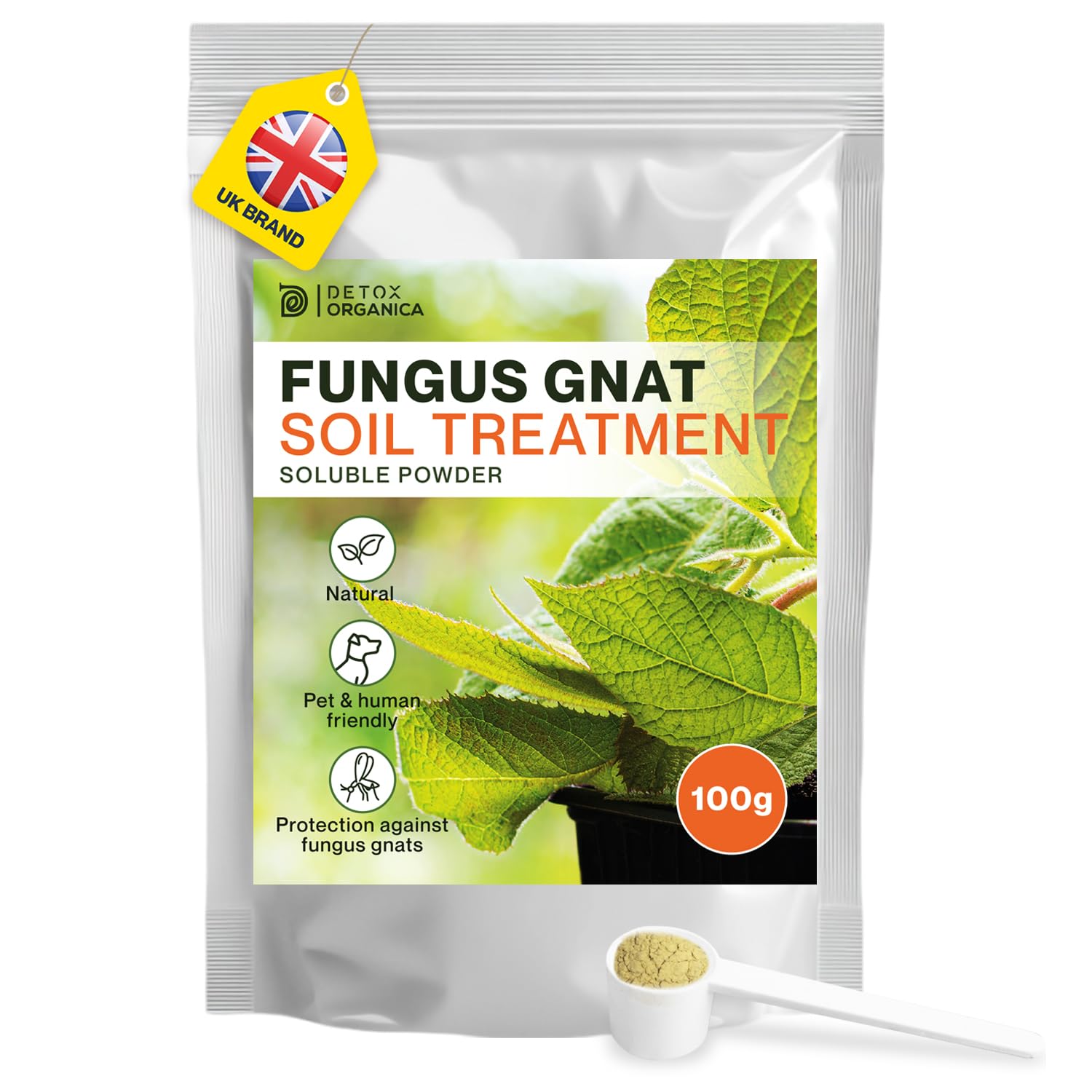 Detox Organica Anti-Fungus Gnat Soil Treatment 100g - Powder 100% Soluble - Multi-Pest Control for Gnats, Black Flies, and Mosquito Larvae - with 5g Measuring Scoop