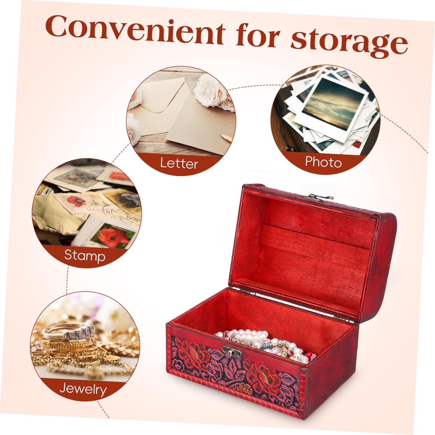 Wooden Treasure Chest Jewelry Box Retro Flower Pattern Storage Box for Jewelry Trinkets Compact Design for Home