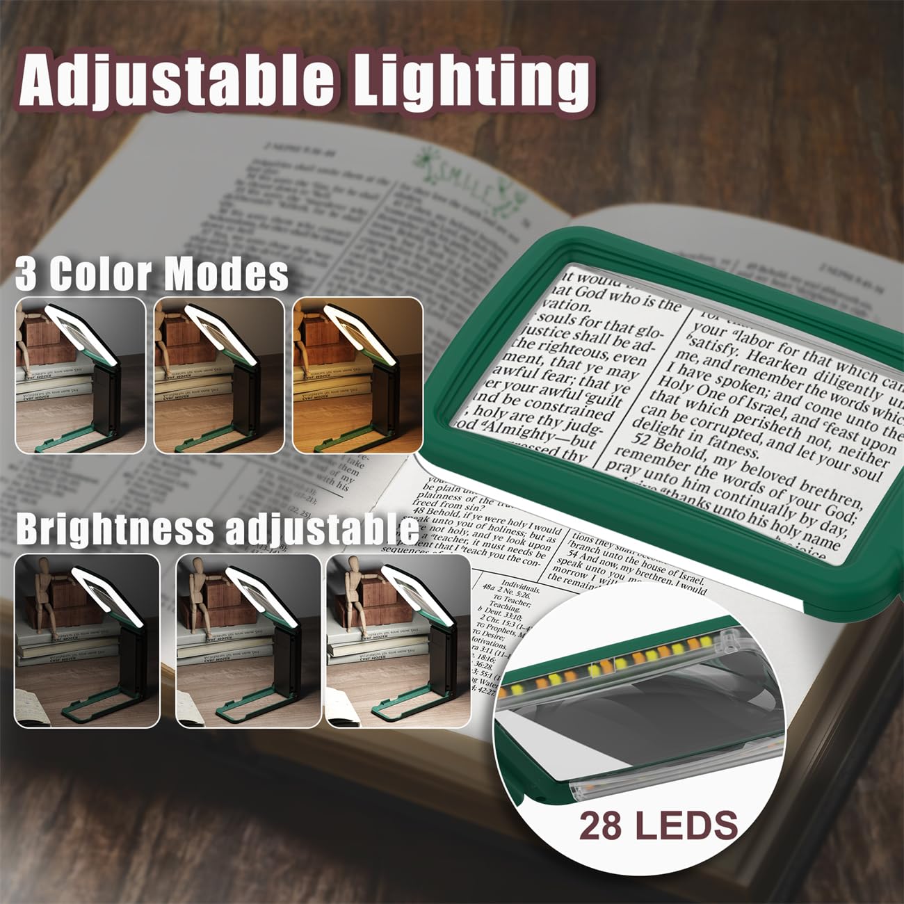 Coteck 15X Magnifying Glass with Light and Stand, Real Glass Lens, Rechargeable Foldable Handheld Magnifier, 3 Color Modes Dimmable Lighted Page Magnifier for Reading Fine Prints, Seniors, Green Black - Image 3