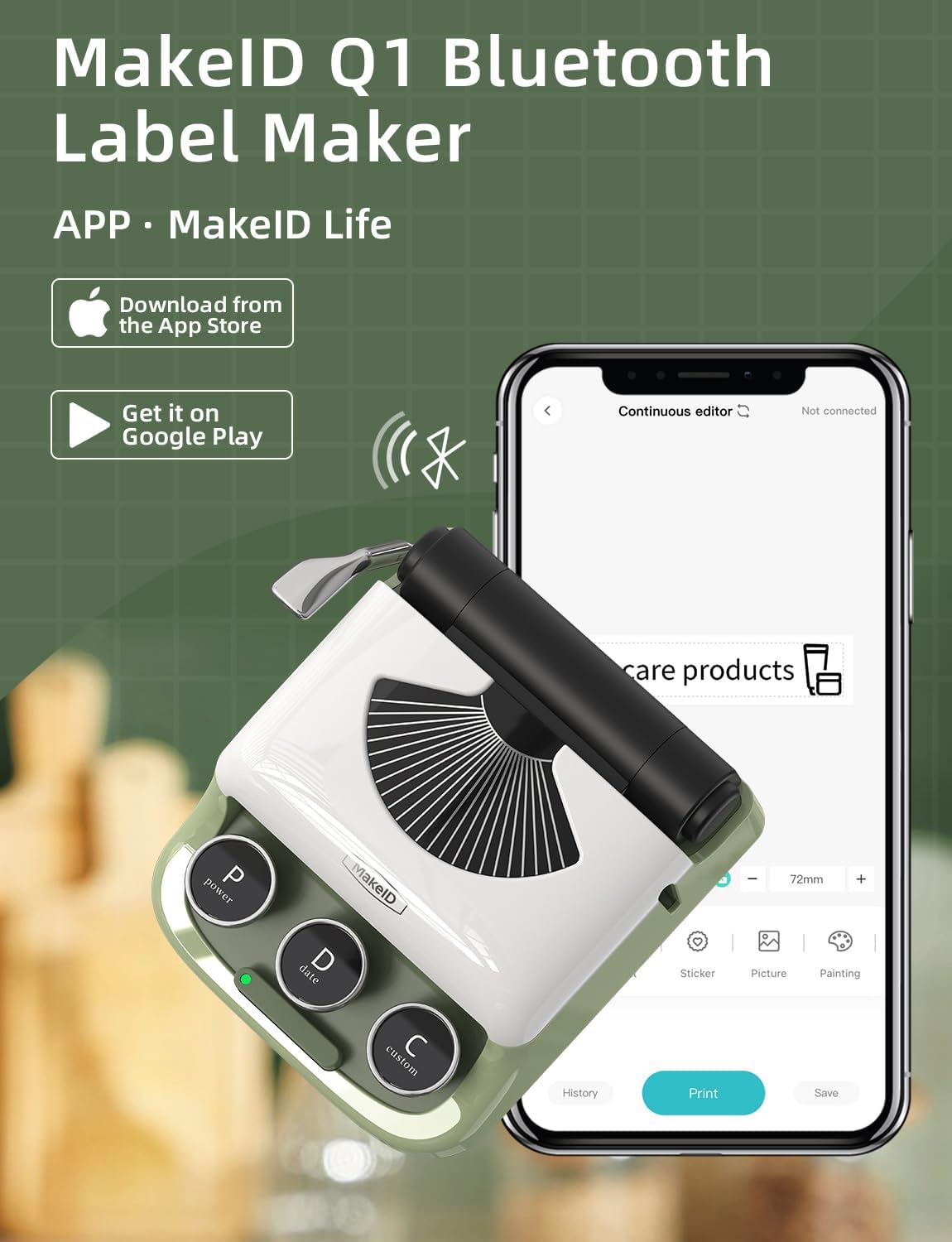 MakeID Q1 Label Maker Machine with 3 Tapes - Portable Bluetooth Label Makers for Home & Office Organization - Compatible with Apple iOS & Android - Clear Prints, Custom Templates & Fonts, Retro Design