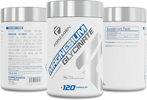 Miniatura 4 de Forzagen Suplemento de glicinato de magnesio, 500 mg, 120 cápsulas, apoyo mineral esencial para la función nerviosa, la salud muscular y el