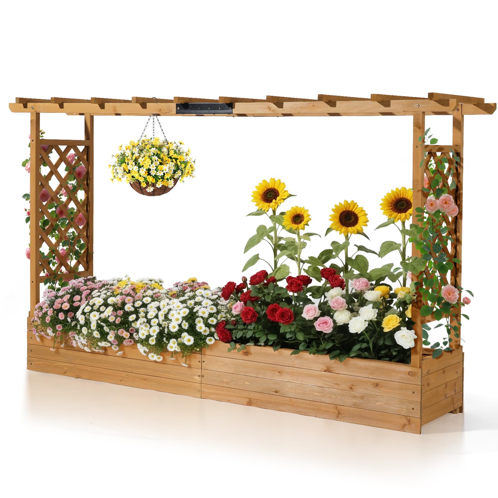 LEADZM pflanzkübel mit rankgitter, Holz Blumenkasten mit rankgitter Ablauflöchern, Hochbeet Balkon für Kletterpflanzen & hängende (Breitere Version(200 x 45 x 113 cm))