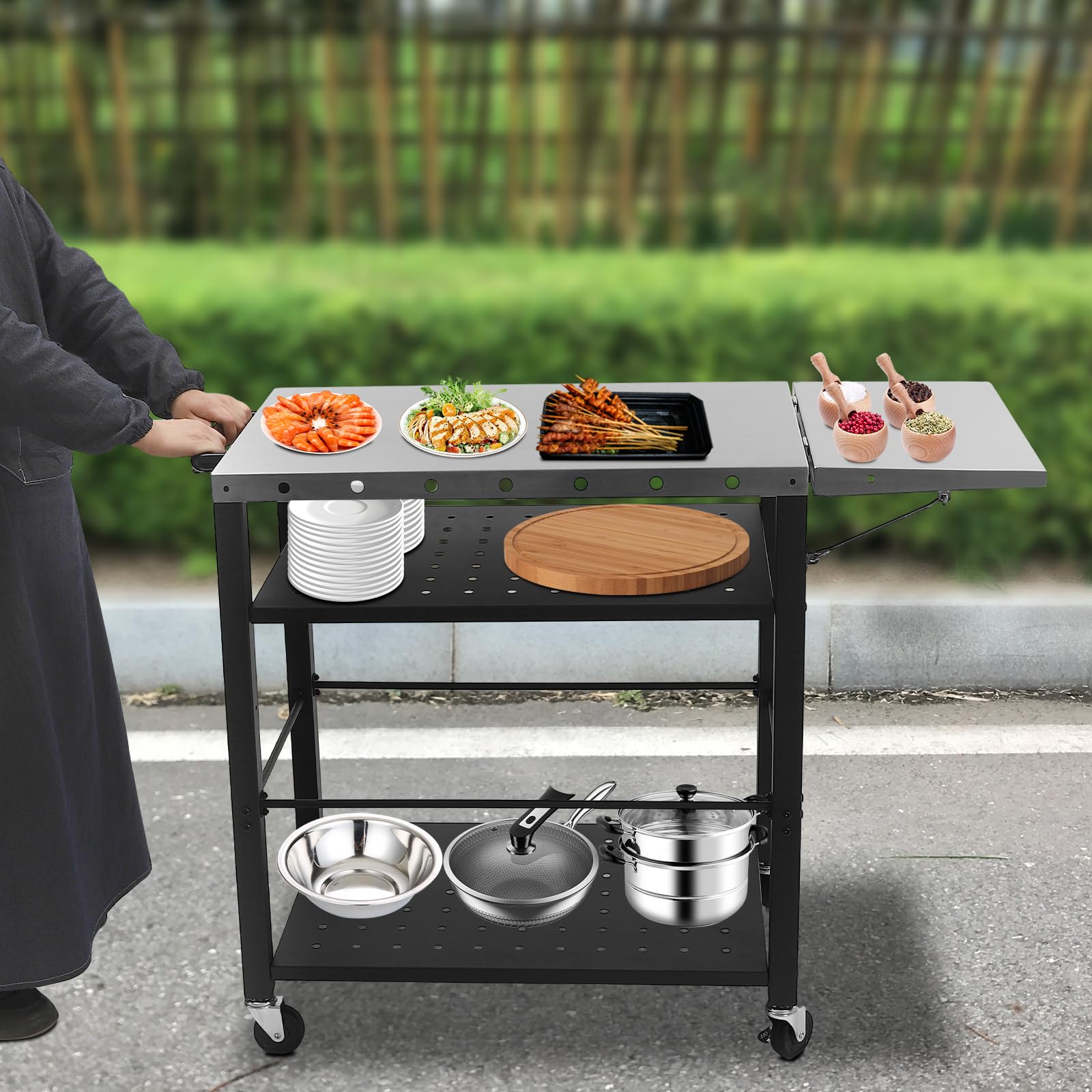 Chariot de barbecue à 4 étages - Acier inoxydable et acier - Charge maximale de 200 lbs par niveau - 4 roulettes avec freins - Chariot de cuisine d'extérieur - Camping et jardin