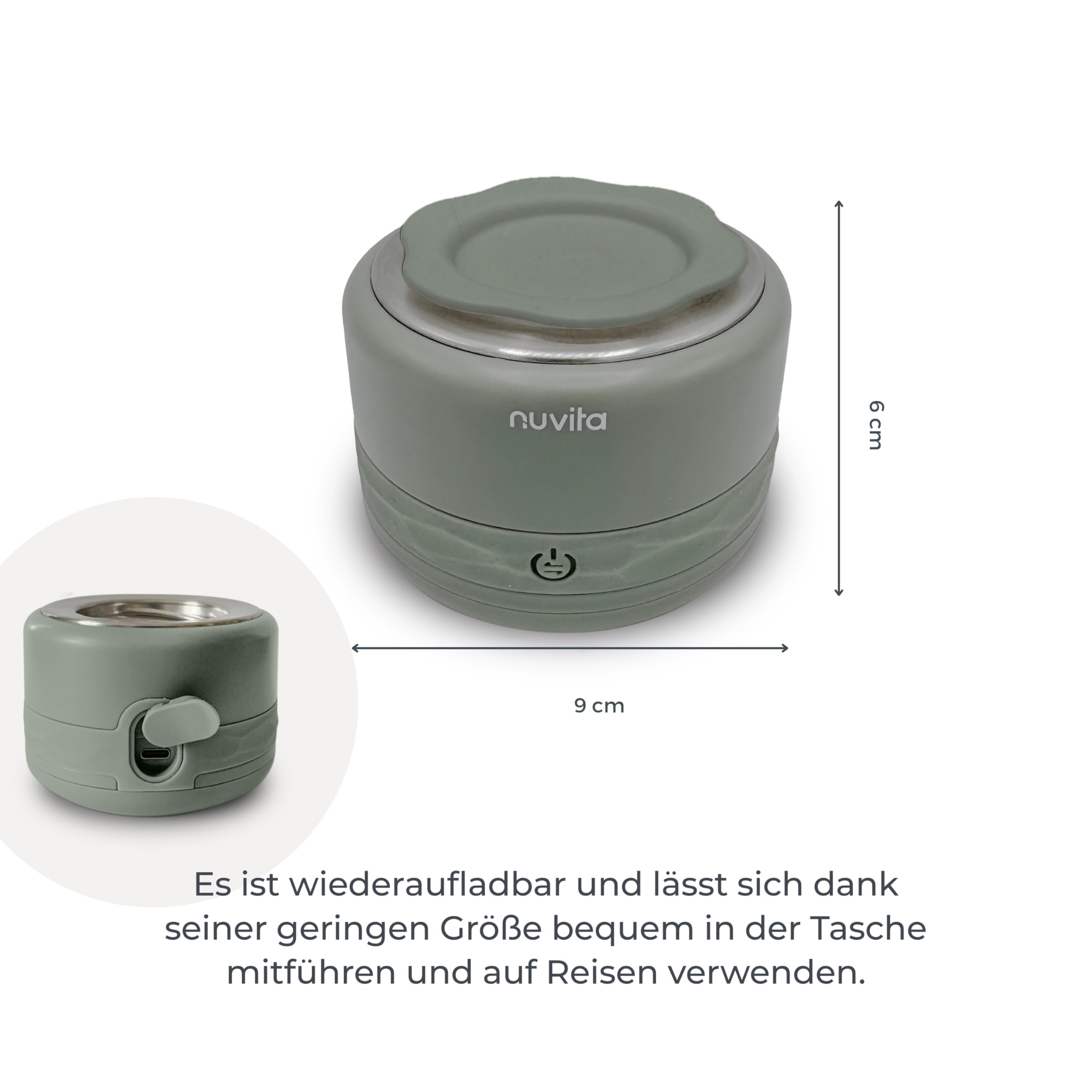 Nuvita 1166 Warm70 Kabelloser Flaschenwärmer 70°C – USB-Aufladbar, Universell Kompatibel mit 6 Adaptern, 5 Temperatureinstellungen bis 70°C, Schnelles Aufheizen in 2,5 Min, Hält bis zu 6 Std. Warm