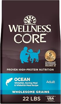 Wellness CORE Adult Dry Dog Food, Wholesome Grain Kibble, Natural, High Protein, Chicken Free, Whitefish and Herring Recipe, 22 lb Bag