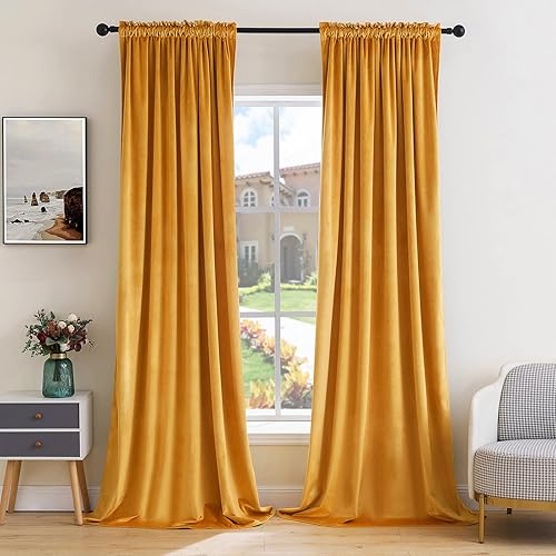 MIULEE Cortinas de terciopelo amarillo mostaza con aislamiento térmico, cortinas opacas, cortinas de otoño para dormitorio, sala de estar