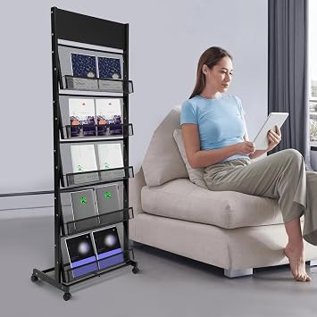 Magazine Rack, Brochure Display Stand on Wheels, 5 Pockets Catalog Literature Rack, Magazine Holder Newspaper Stand for Exhibitions Office Retail Store Trade Show
