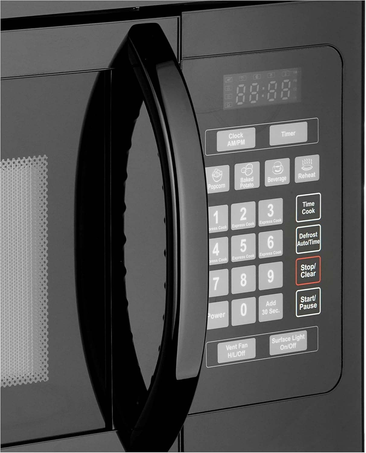 Close-up of the BLACK+DECKER EM044KJN-P2 Microwave control panel with digital display and various function buttons.