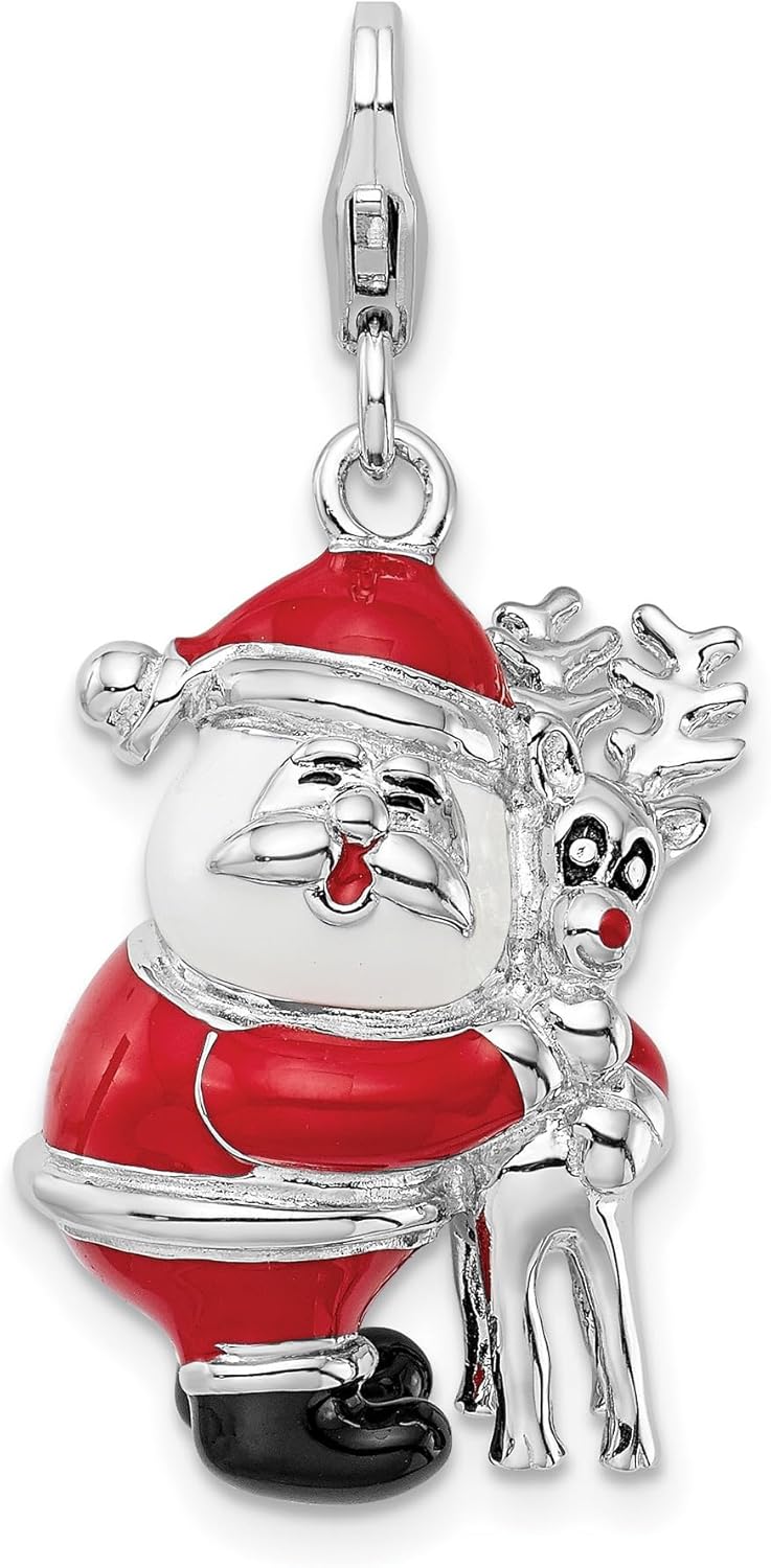 Sterling Silver Christmas Charm with Enamel Santa Hugging Reindeer, Holiday Pendant for Womens Bracelet or Necklace, 3D Festive Jewelry with Colorful Design, Seasonal Winter Jewelry Accessory