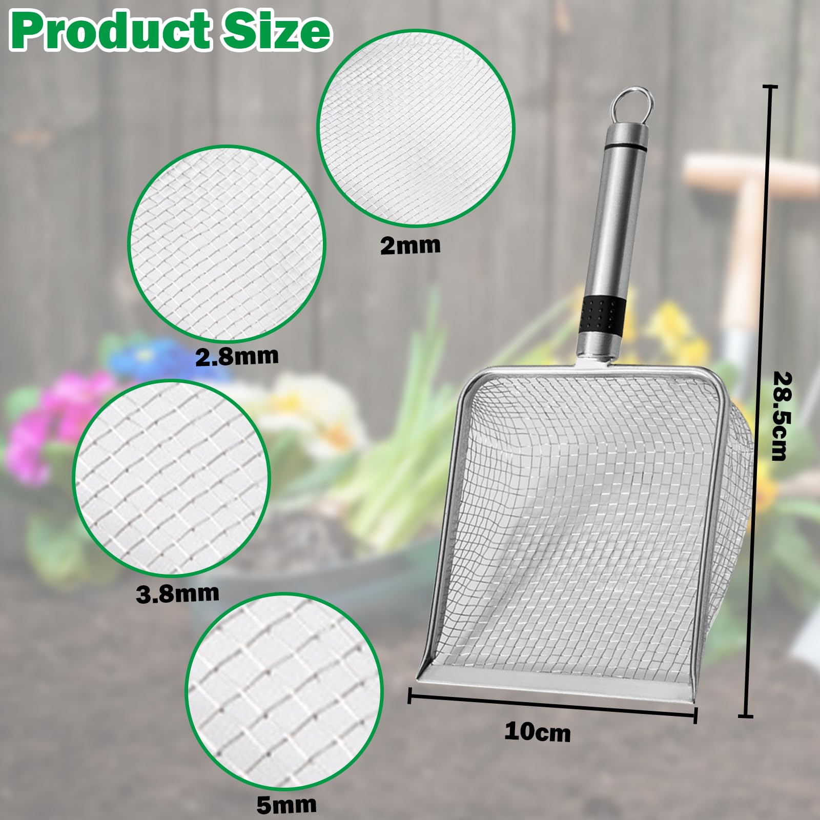 4 Stück Gartenerdesieb Kompostsieb mit Griff (2/2.8/3.8/5mm Masche), 4 Größen Gartensieb aus Edelstahl, für Sand Steine Erde Kompost Reiniger Scooper, Katzenschaufel Edelstahl für Katzenklo
