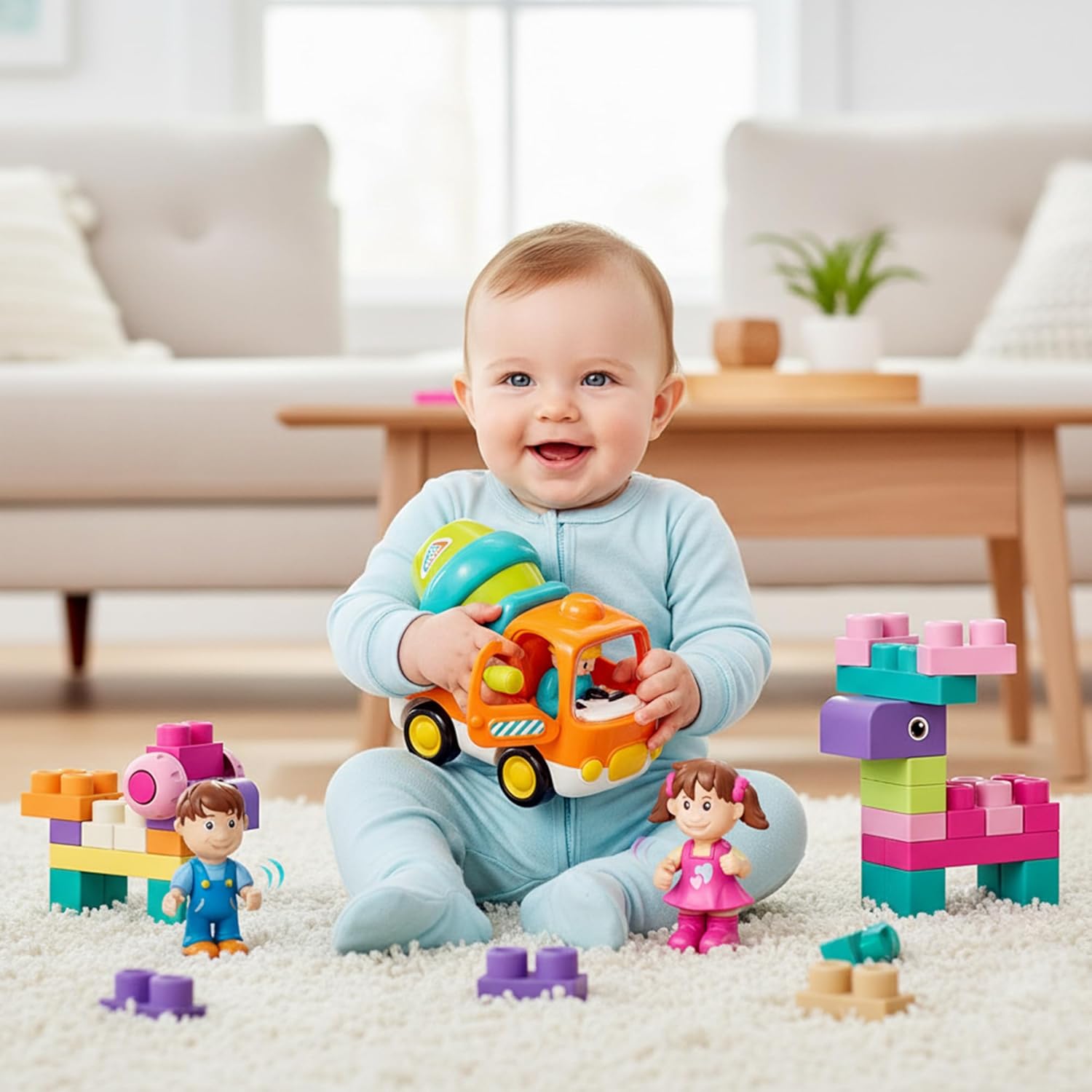Soft Building Blocks & Construction Vehicle Toys Bundle - STEM Stacking Rubber Blocks 42PCS with Storage Bag (Babies 6–12M) + Push & Go Cement Mixer with Light & Music, Toddler Birthday Gifts 1-3