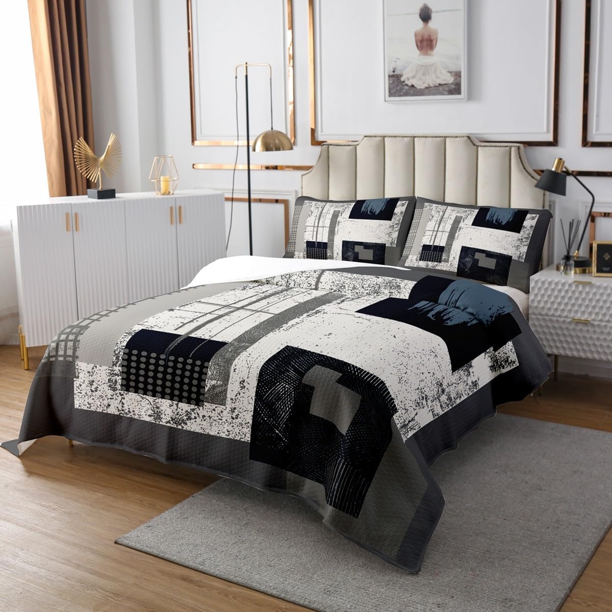 Erosebridal Abstract Ombre Bedspread Set King,Grey White Black Red Coverlet Set Vintage Lines Striped Quilt Set,Geometric Quilted Grunge Oil Painting Watercolor Graffiti Decor