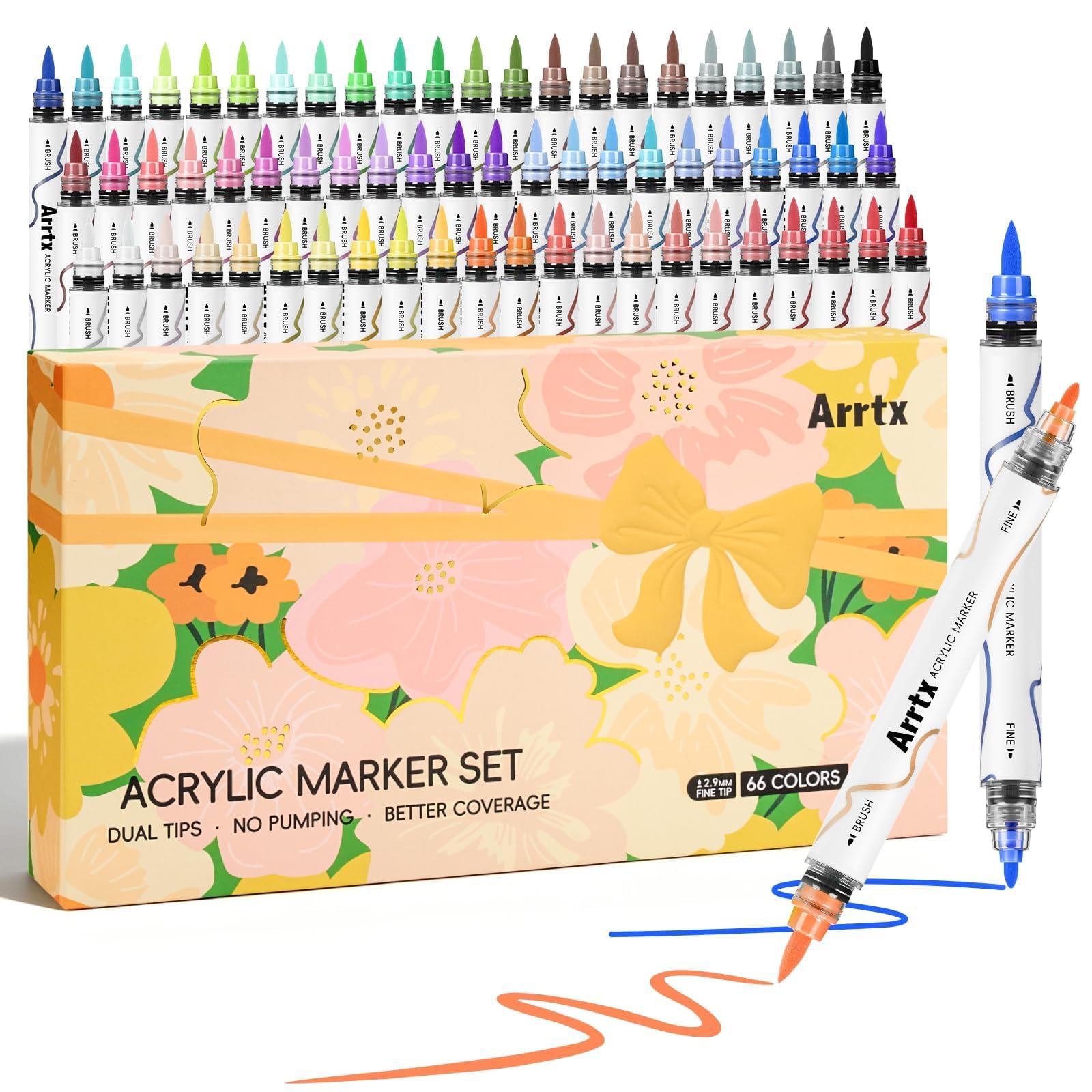 Arrtx 66 Colors Acrylic Paint Pens, Dual Tip Markers with Liquid Ink, No Pumping Needed, for Rock, Wood, Canvas, Ceramic, Glass, DIY Crafts & Art Supplies
