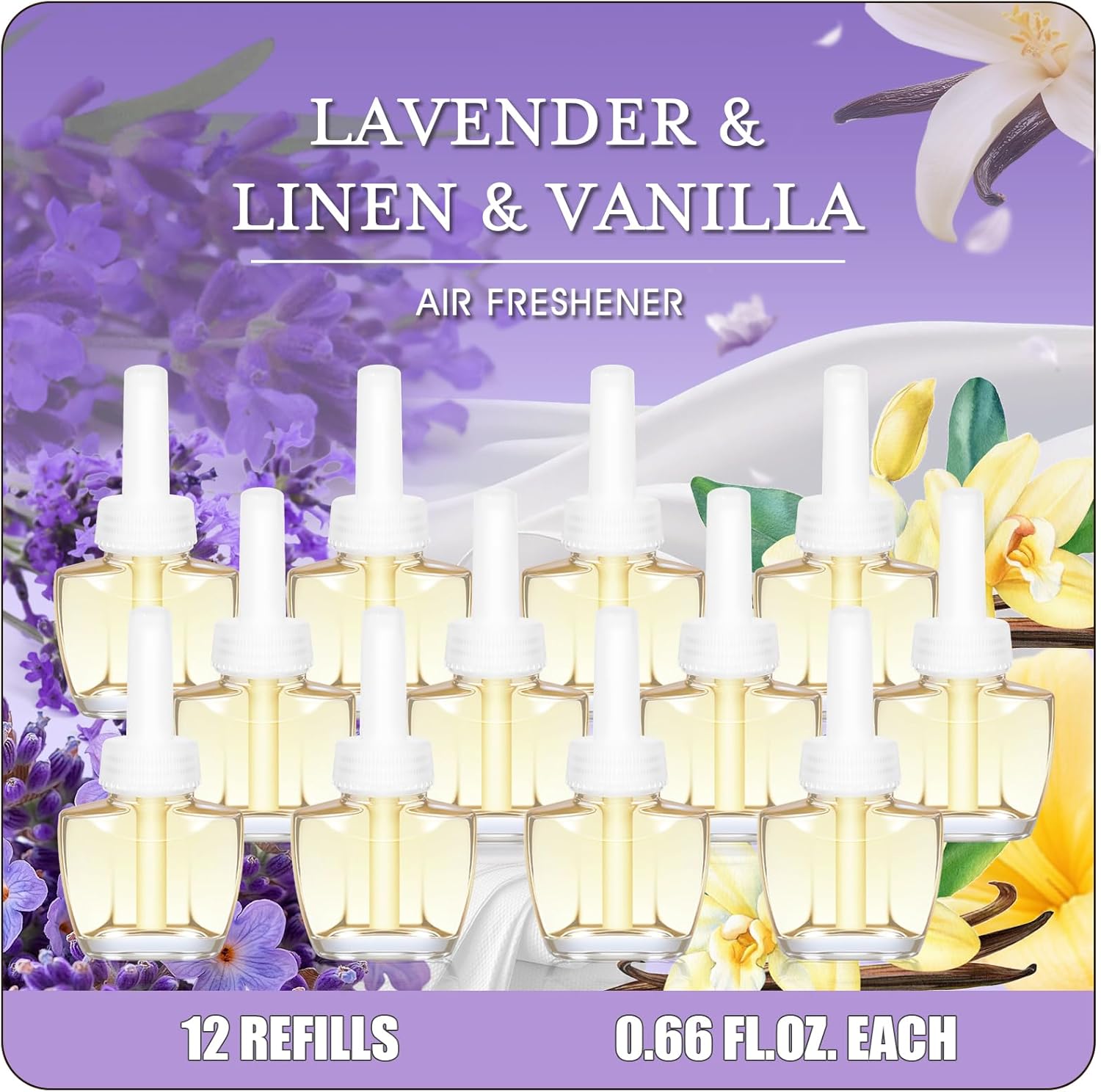 Plug in Air Freshener Refills – 12 Pack (7.92 Fl Oz), 3 Scents: Lavender, Linen & Vanilla – Compatible with Air Wick & Glade, Not Include Glade Plus – Wall Plug In Refills for Home, Bathroom