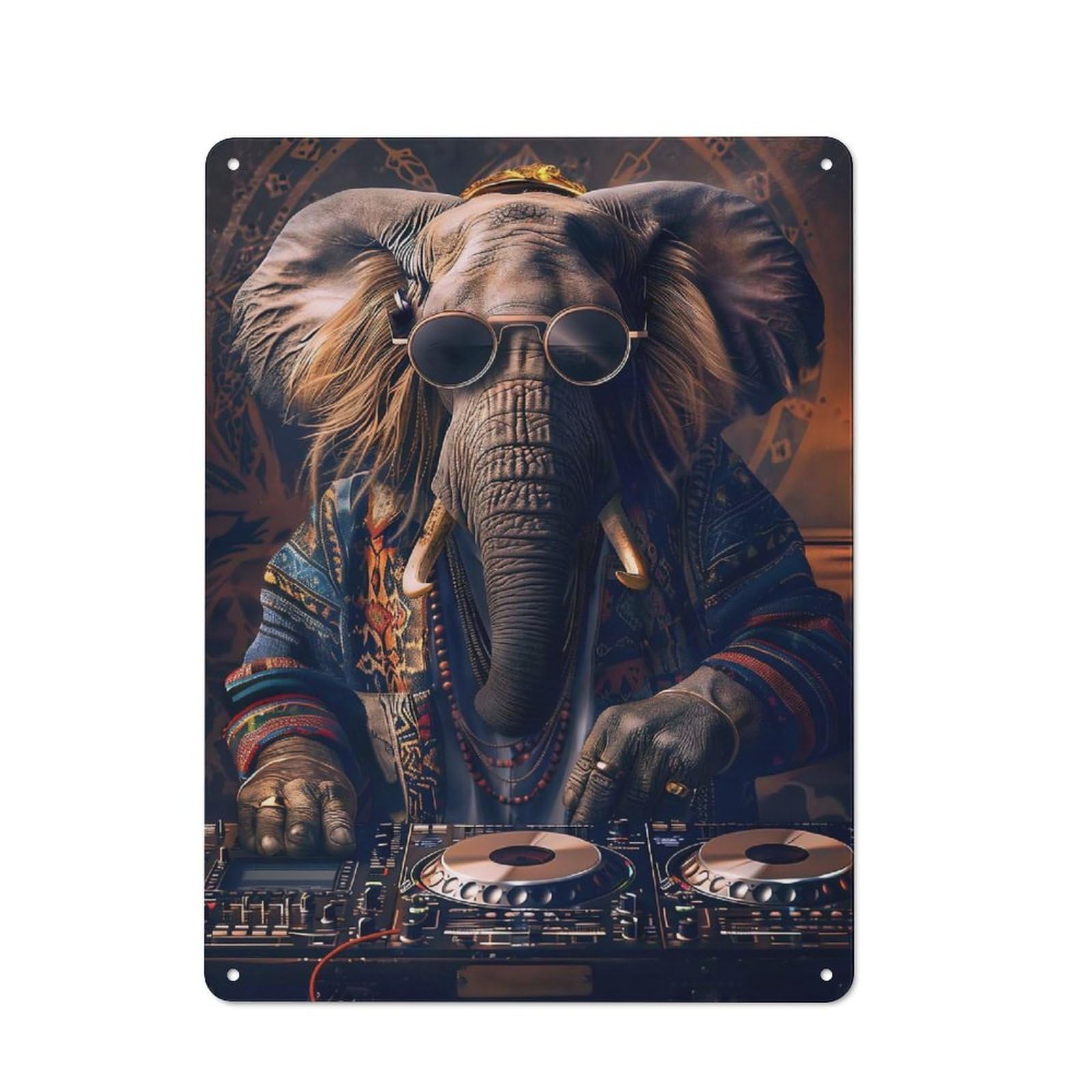 Junmoney Dj Elephant Retro Metal Wall Decor 40X30cm, Tin Wall Sign For Bakery, Diner, Cafe Or Family Room