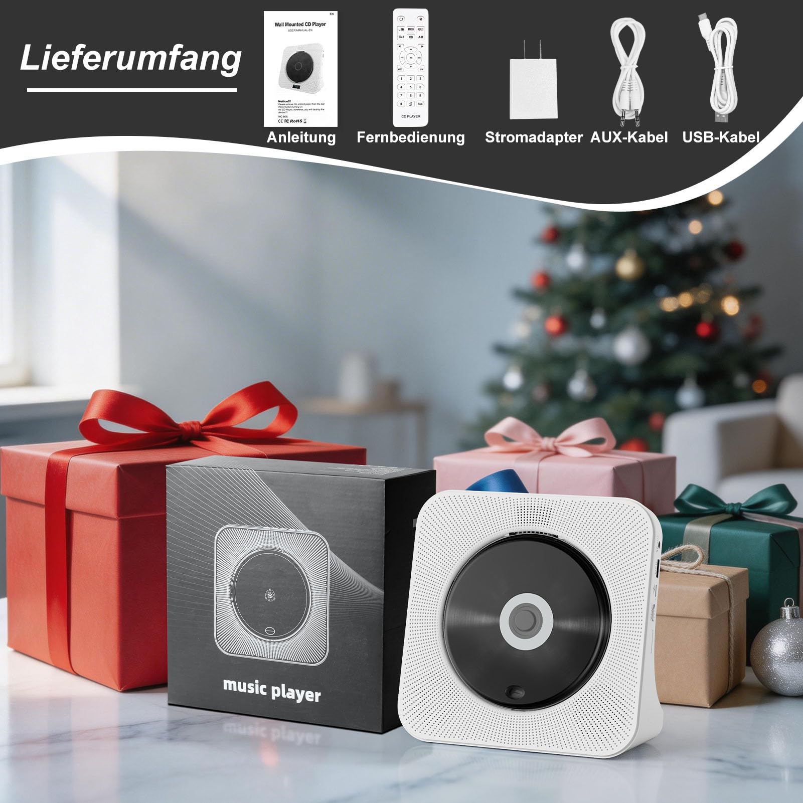 CD Player Tragbar Bluetooth 5.0 CD Spieler Tragbarer CD-Player mit Fernbedienung HiFi-Sound Lautsprecher Staubschutz LED-Bildschirm FM-Radio, unterstützt 3.5mm-AUX/USB/MP3, für Kinder Geschenk Zuhause