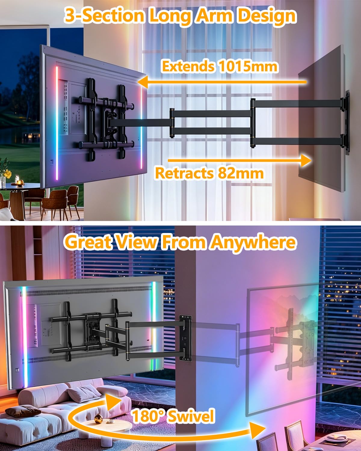 TV Wandhalterung für 35-75 Zoll TVs bis 45 kg mit LED-Beleuchtung | 1015mm langer Arm, Musik-Synchronisation, Schwenk, Erweiterungs und Neigefunktion, Max VESA 600x400mm