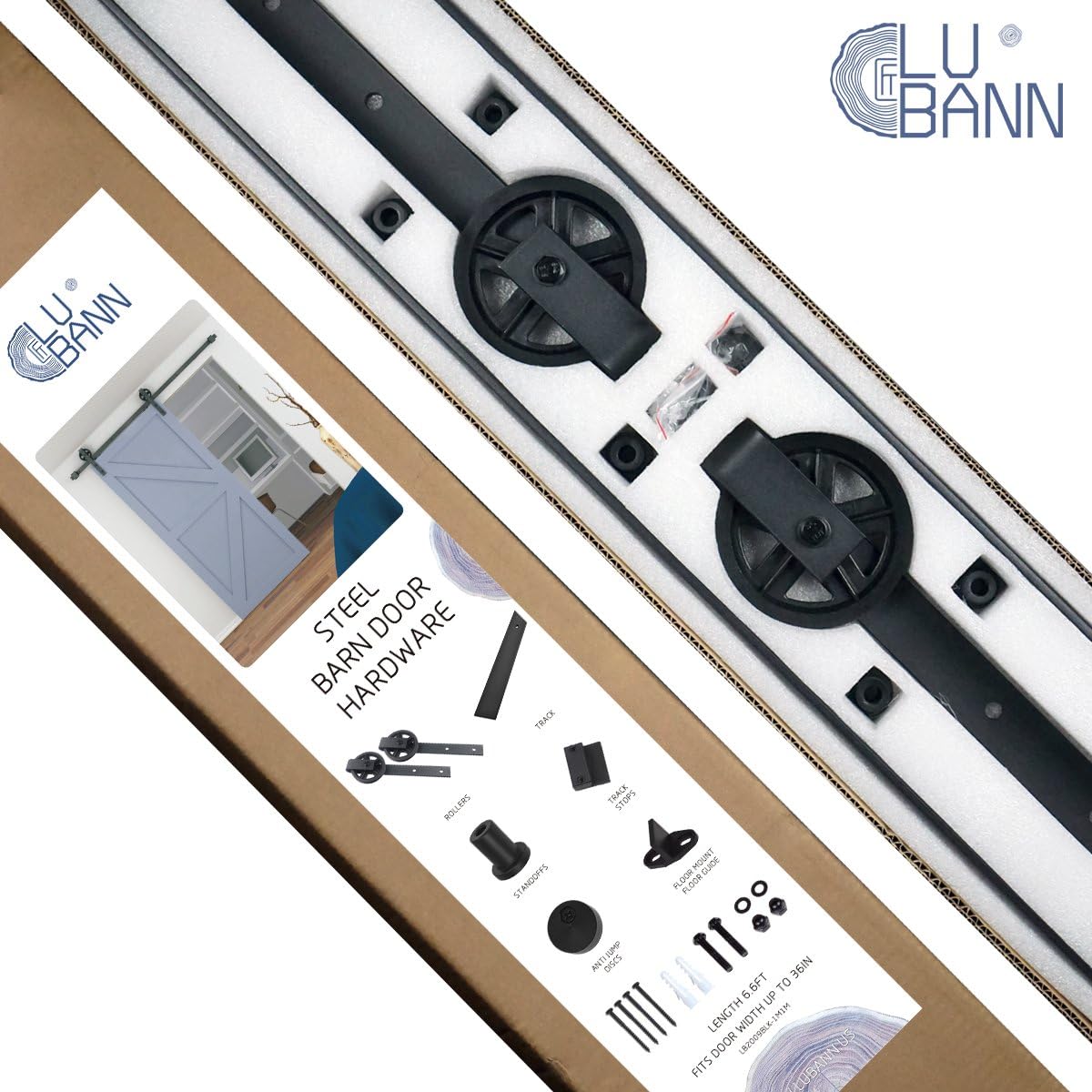 LUBANN 6.6FT Sliding Wood Barn Door Hardware Sliding Track Kit Straight Roller Ultra Quiet (Big Wheel)