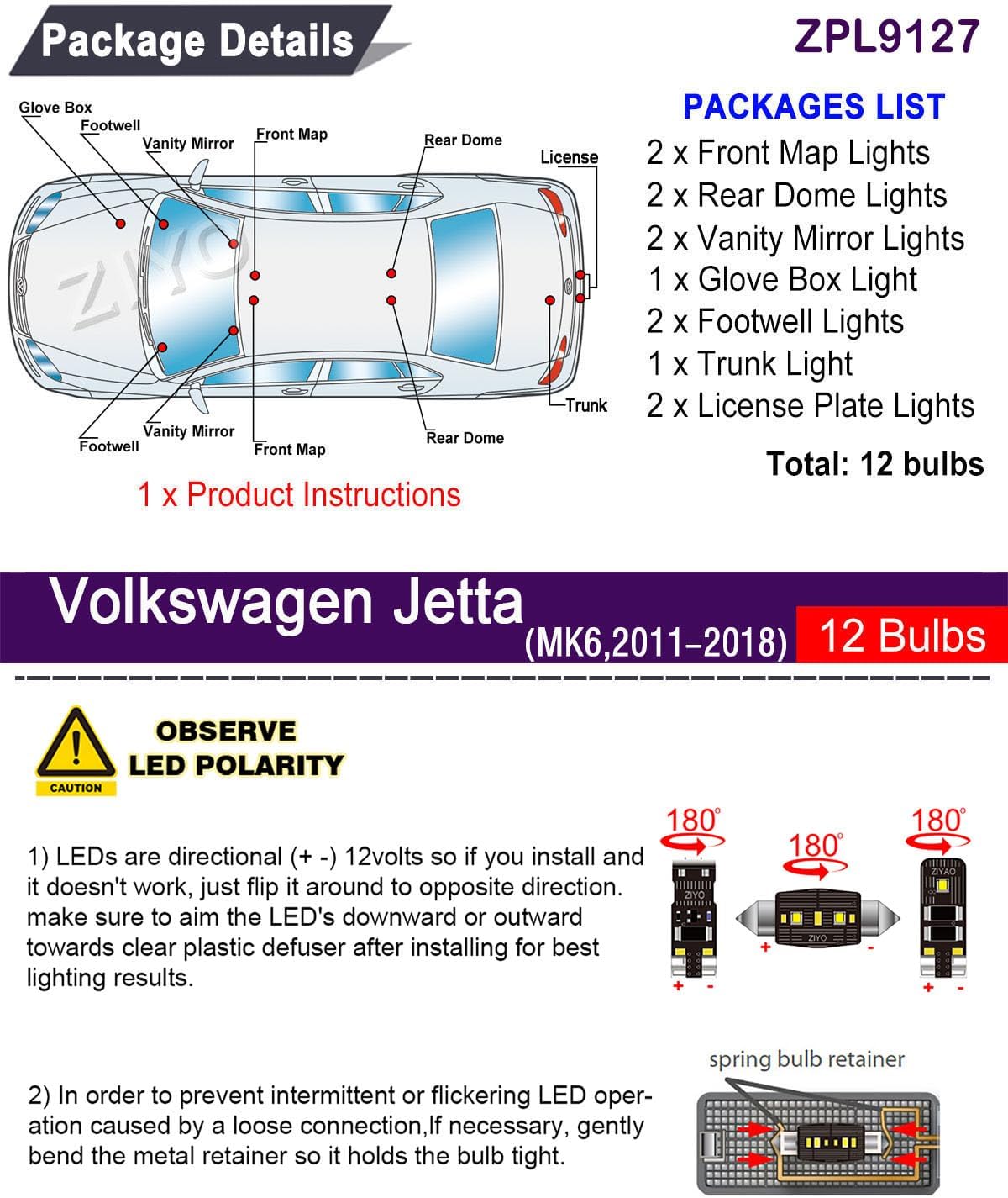 LED Interior Light Kit for Volkswagen Jetta MK6 2010-2017 Dome Light Bulbs Replacement Package, 6000K Xenon White LED Lights Accessories Upgrade Error Free (12 Bulbs)