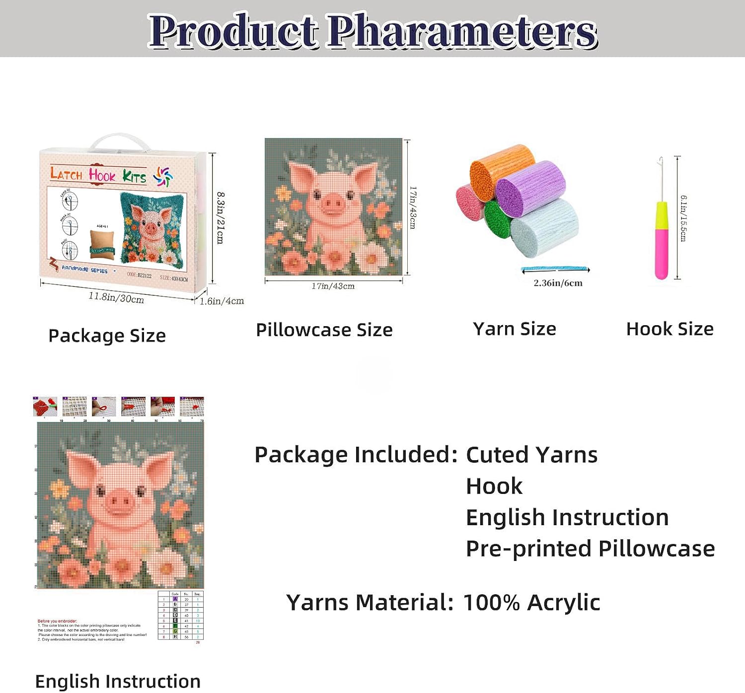 Generic DIY Latch Hook Pillow Cover Kit - Pig Theme - Multicolored - 43x43cm - Modern Style - Embroidery Kit - Non-Foldable - Suitable for Kids & Adults