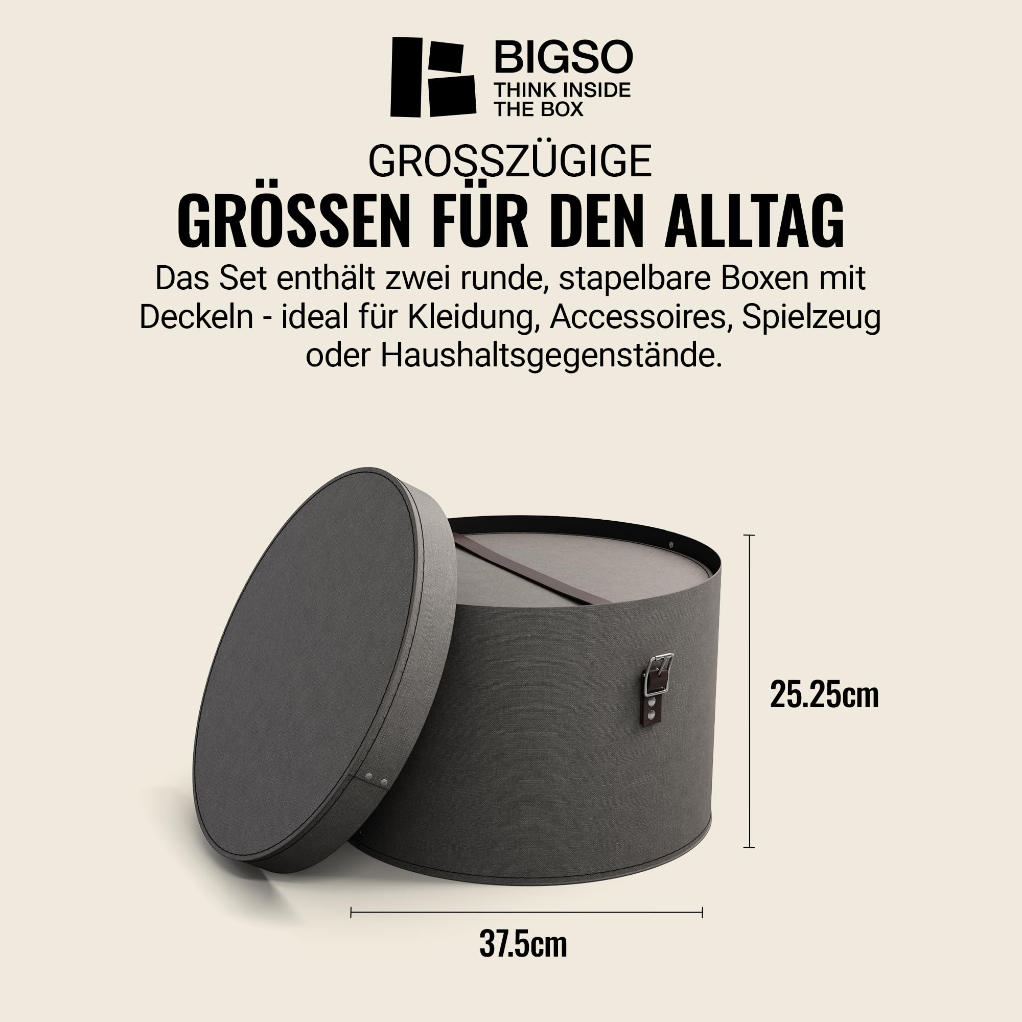 BIGSO RUT 2er-Set Aufbewahrungsbox mit Deckel – runde Ordnungsbox mit Lederriemen – große und kleine Hutschachtel aus Faserplatte und Papier in Leinenoptik – grau