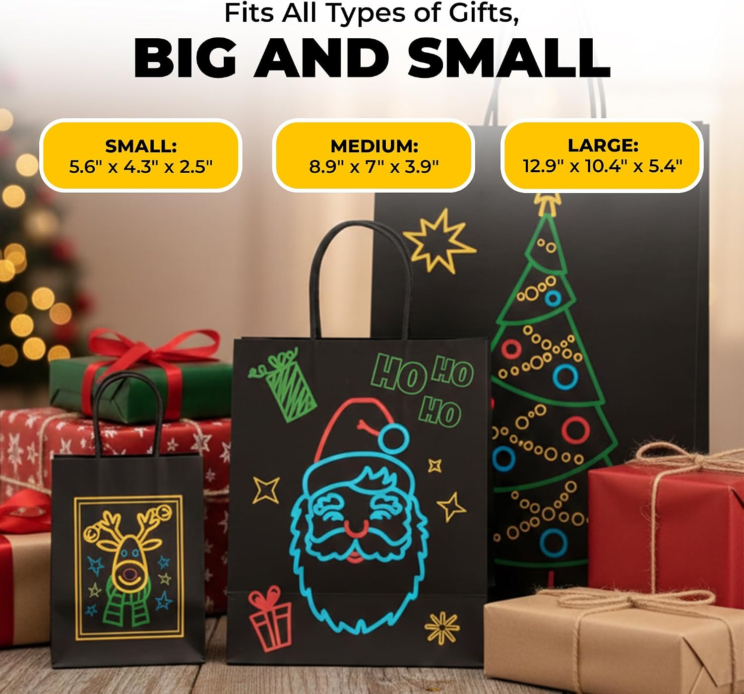 IPIDIPI TOYS Glow-in-the-Dark Christmas Gift Bags, 22-Pc Set – 11 Holiday Gift Bags in Mixed Sizes, 4 Cute Festive Designs, 11 Tissue Papers & 10 Gift Tags – Unique Luminous Holiday Bags