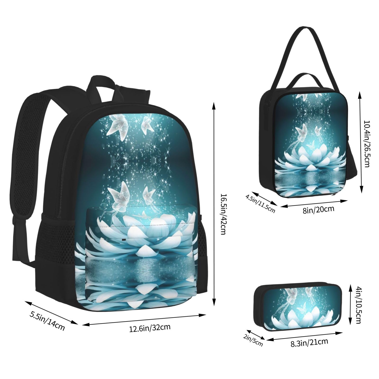 Juego de 3 mochilas escolares con estampado de flores de loto, mochila para laptop resistente al agua de gran capacidad con bolsa de almuerzo aislada y estuche para lápices para adolescentes