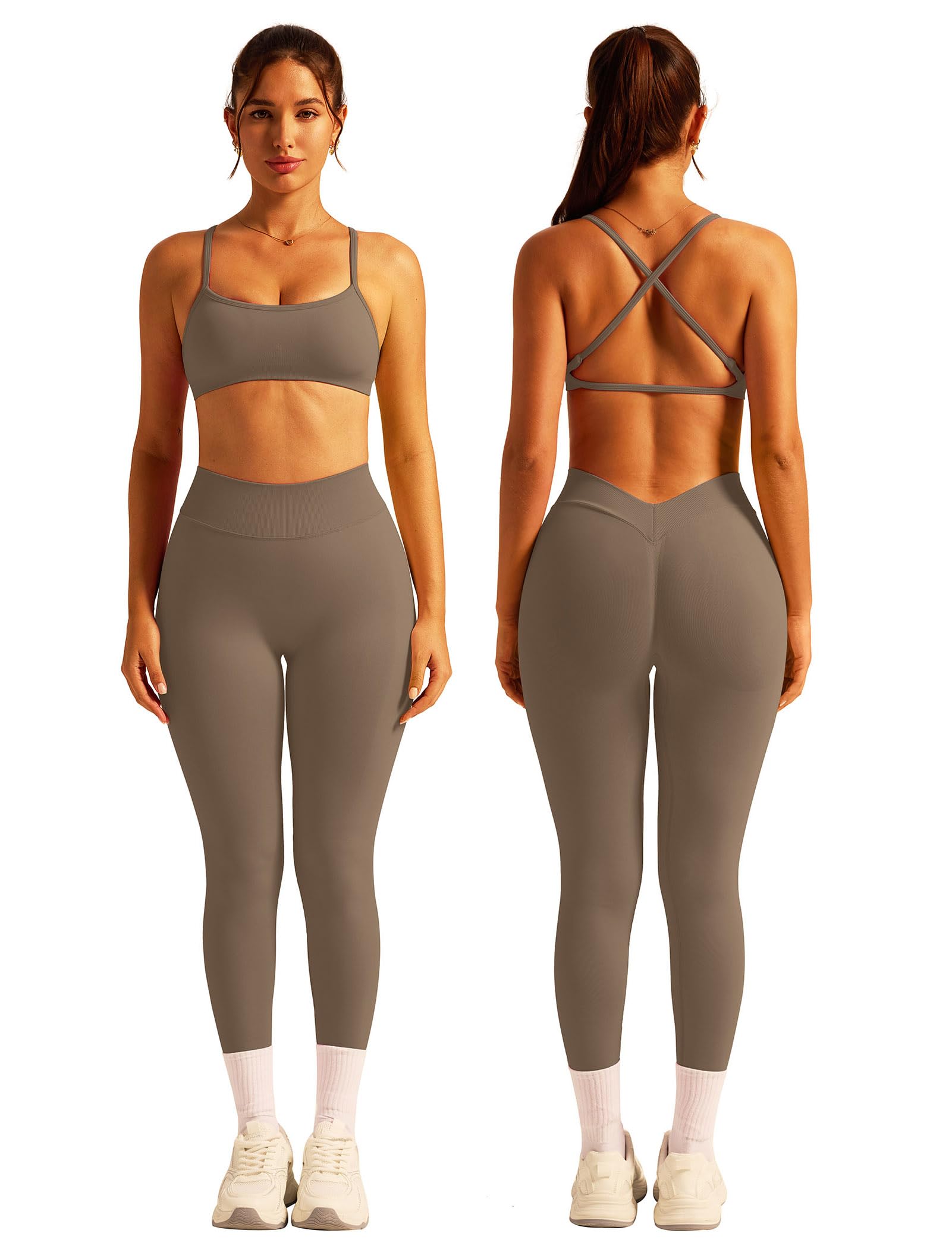 ABOCIW 2 Piece Workout Sets for Women Seamless Strappy Sports Bra V Scrunch Butt Lifting High Waist Leggings