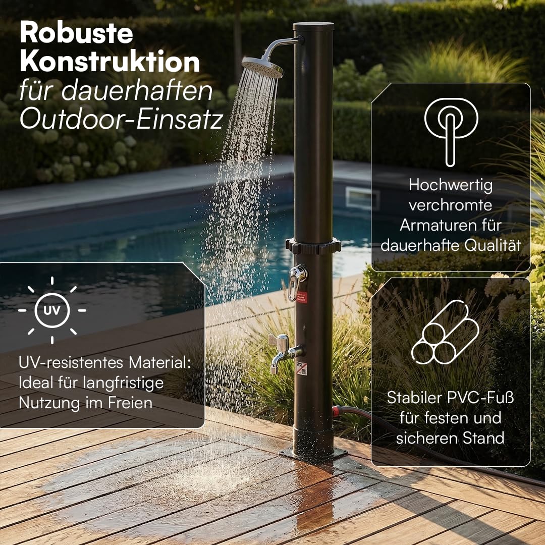 STEELSØN Velion Solardusche Garten 20 L – Solar Gartendusche Winterfest – Außendusche 60° schwarz – Pooldusche mit Fußdusche & Regenduschkopf – Campingdusche inkl. Gartenschlauch-Anschluss & Cover