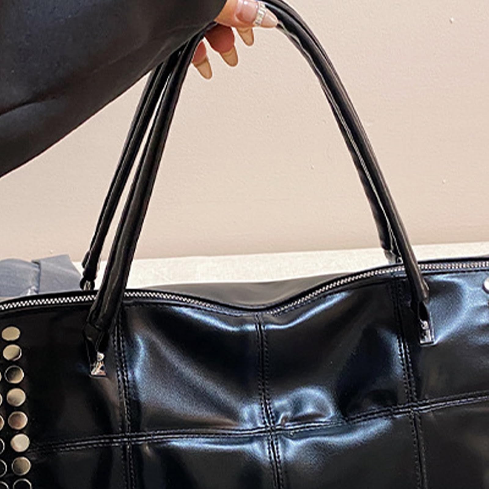 Bolso de mano de piel sintética para mujer, con remaches de metal, correa desmontable, tachonada, bolsa de mano para motocicleta, L
