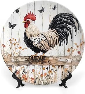 Rustic Farmhouse Rooster Wildflower Ceramic Decorative Plate With Stand And Hook Chinese Style Bone China Art Porcelain Plate For Living Room Hallway Table Decor 7inch