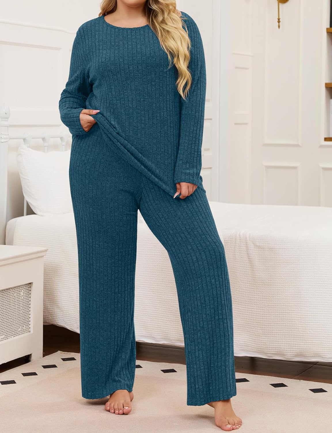 Koscacy Womens Plus Size Lounge Sets 2 Piece Casual Long Sleeve Top and Pants with Pockets - Image 2