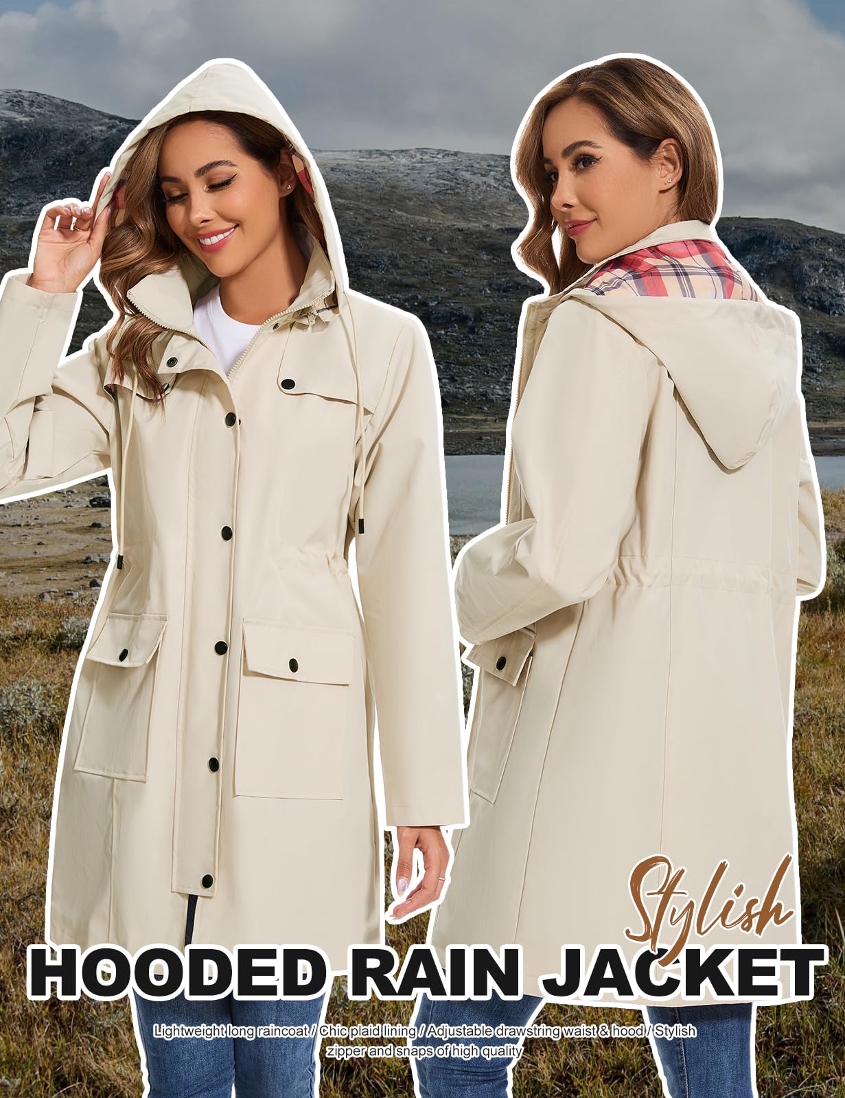 Tuopuda Chubasquero Mujer Impermeable Largo Chaqueta Ligera Parkas Cortaviento con Capucha Cremallera Softshelljakce Primavera Otoño Raincoat Abrigo para Exteriores Cercanías