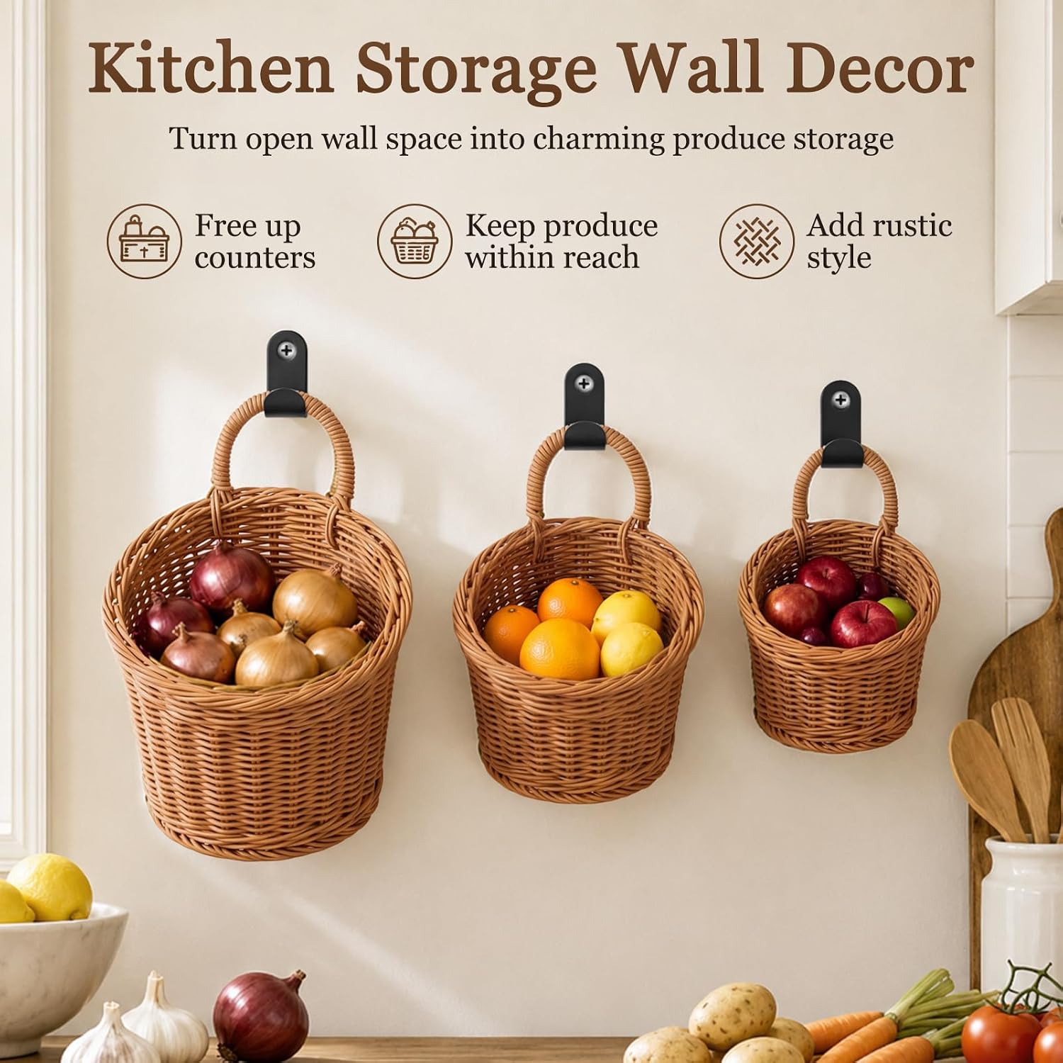 3 Pack Wicker Hanging Basket with Hook, Wall Basket, Brown