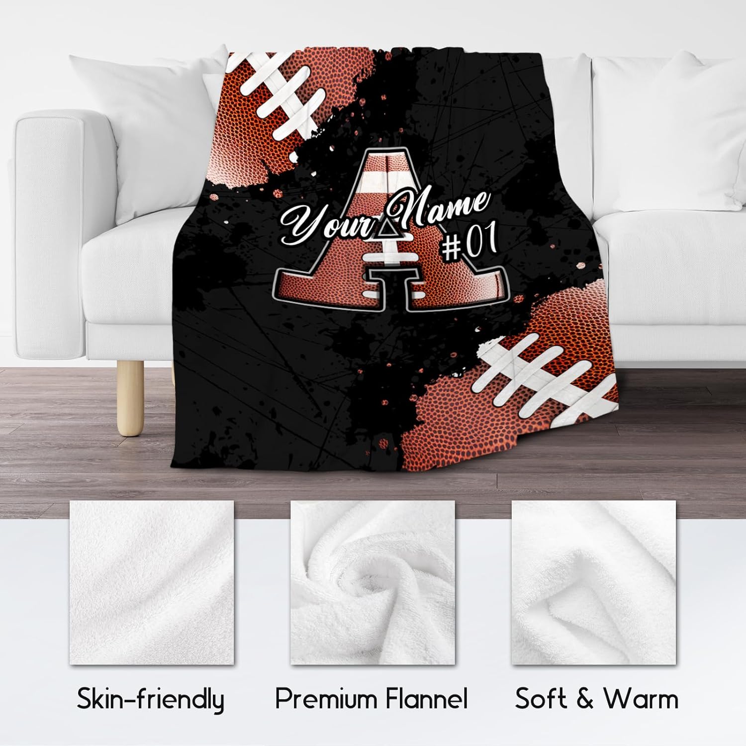 COZYAURA Custom Football Blanket Gifts for Boys - Personalized Initial Sports Blanket with Name - 60x80 Inches Cozy Fleece Large Throw for Adults - Cool Ideas Decor for Football Players