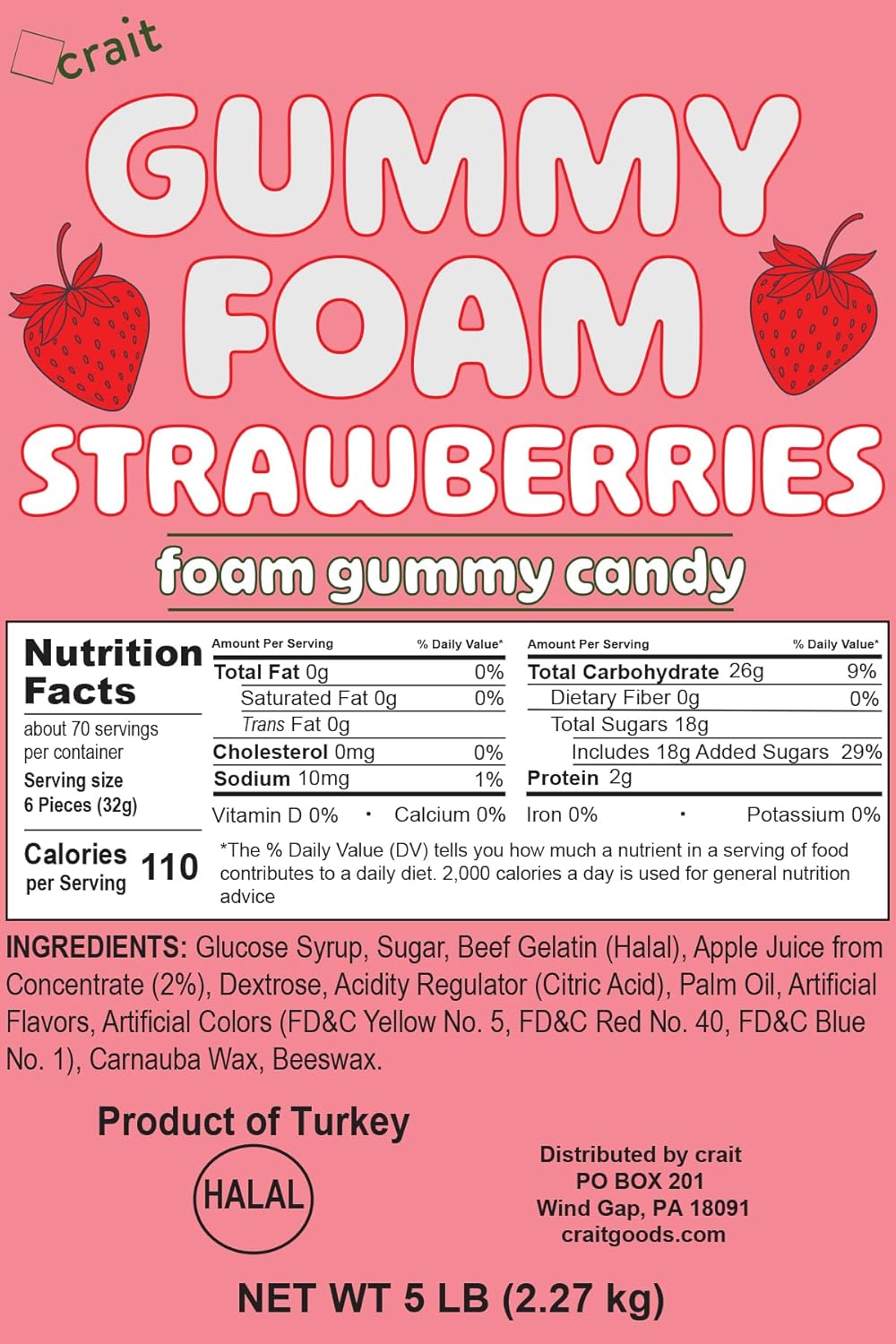 Halal Gummy Strawberries, Foam Gummy Candy, Beef Gelatin Gummies 5 Pounds