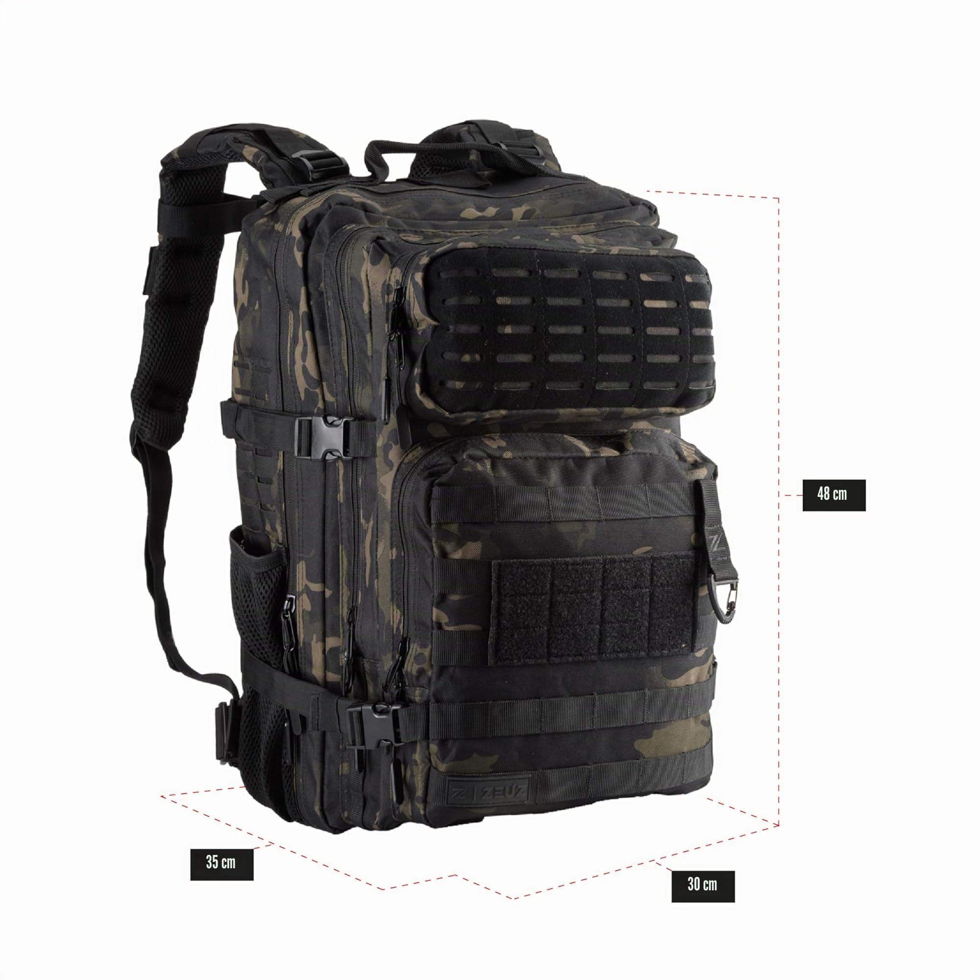 ZEUZ Tactique Sac à Dos Femme & Homme pour Fitness & CrossFit - Sac à Dos - Sac de Sport - Militaire Army Bag - Sac de Sport - 45 Litres - Camo Noir, 45 Liter
