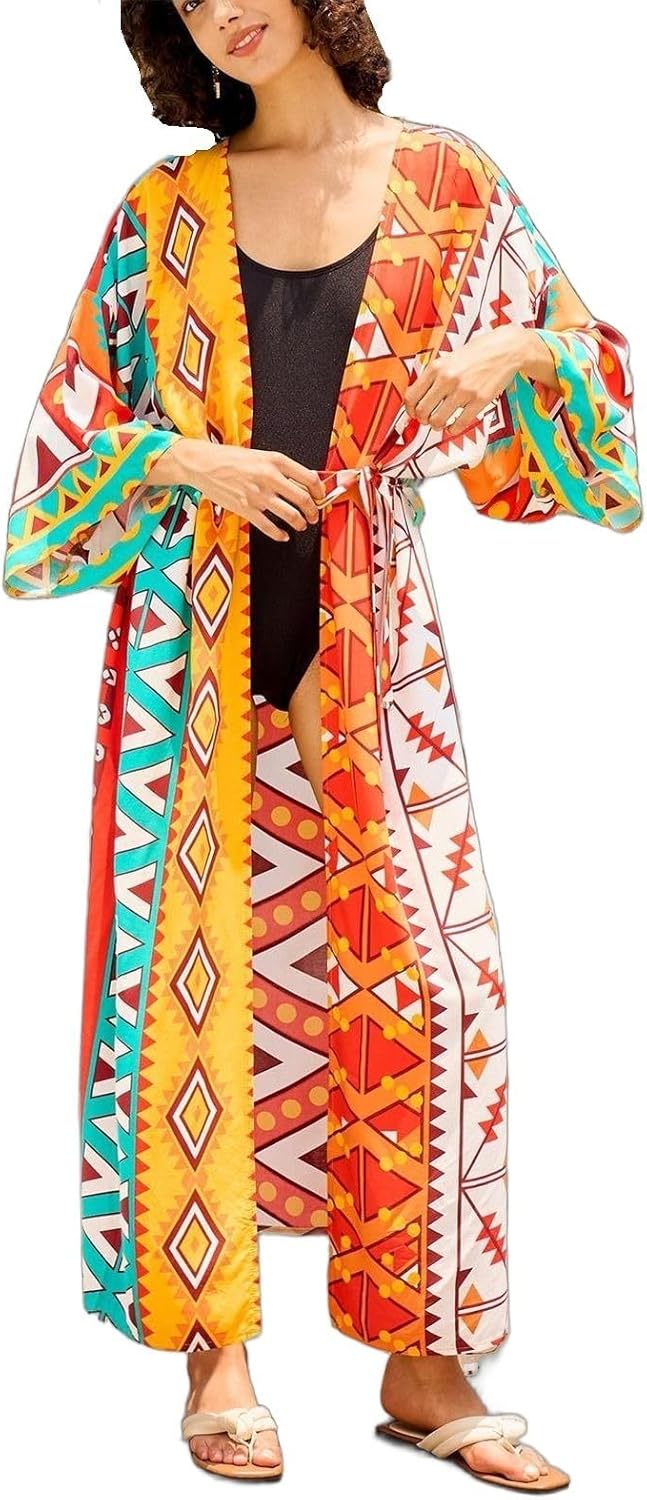 Women’s Kimono Cover Up Long Beach Dress Swimsuit Cover Ups Colorful Cardigan Lightweight Robe for Swimwear