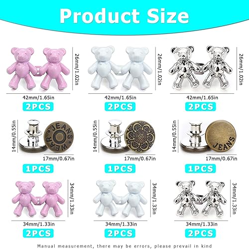 Miniatura 2 de Juego de 15 pines de botón de jeans, lindo oso de metal para apretar la cintura, extensor de hebilla de cintura ajustable sin coser, botón de