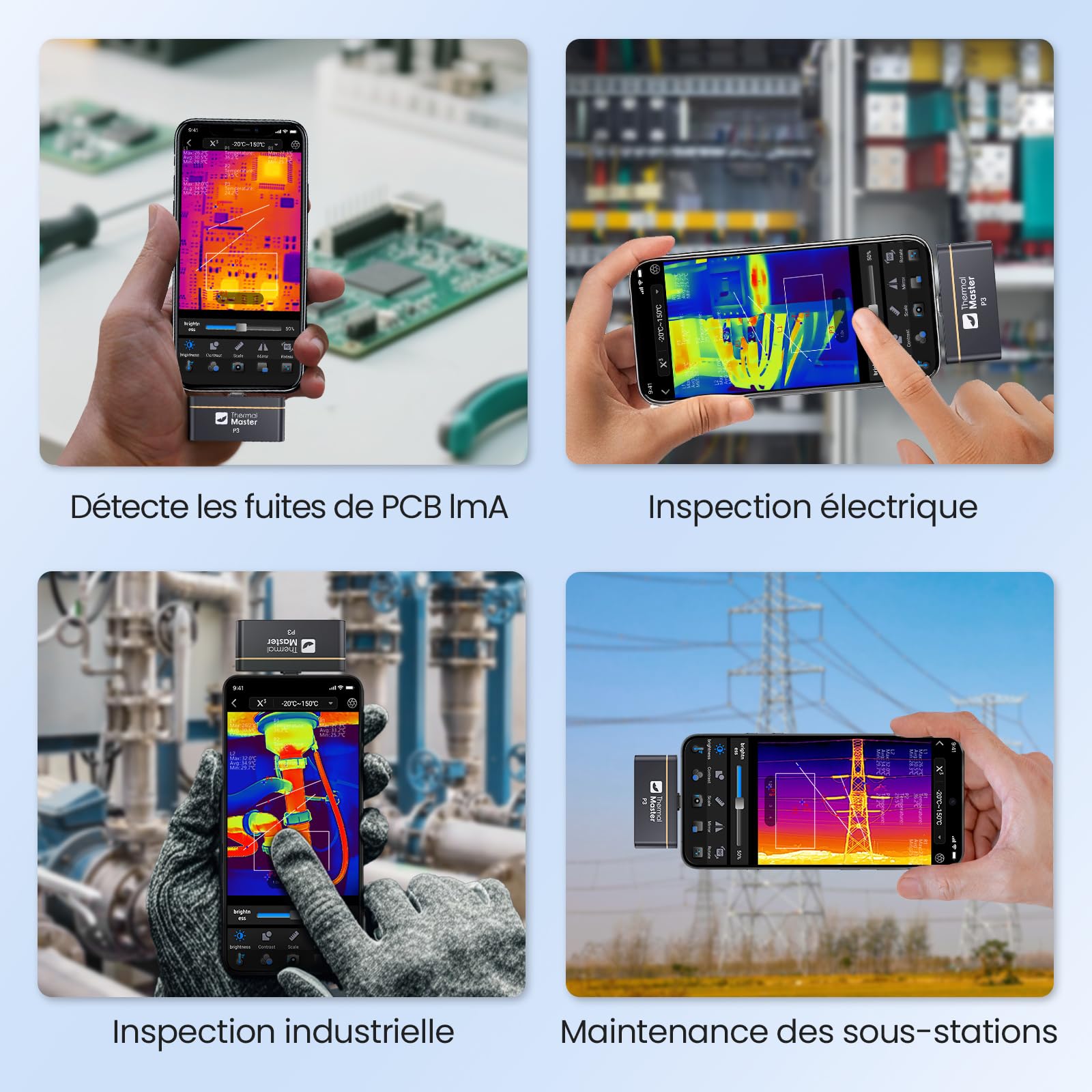 Caméra thermique Thermal Master P3 Caméra infrarouge pour iPhone 15/16 et Android Caméra Focus réglable X³ IR Résolution 512x384, -20℃-600℃ Inspection PCB 35mK