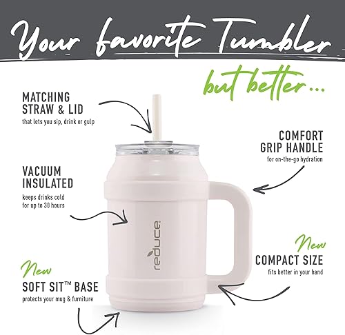 Miniatura 3 de REDUCE Vaso de agua reutilizable Cold1 de 32 onzas Mango ergonómico Aislamiento de doble pared Taza resistente de escritoriomesa con tapa