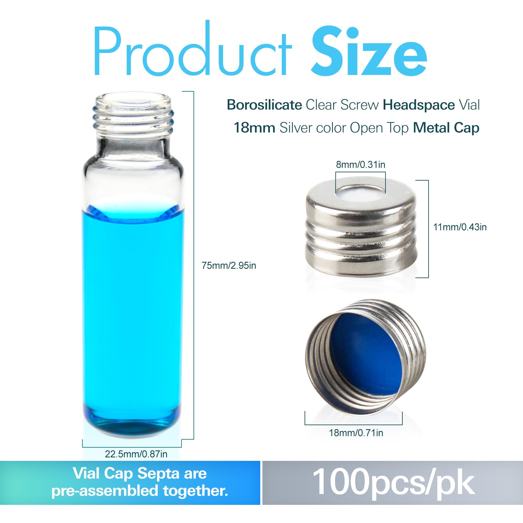 ALWSCI 100 Frascos de Vidrio 20 mL, Cristal Transparente de Borosilicato, Fondo Redondeado, Cierre Magnético de Precisión de 18 mm, con Revestimiento de Silicona azul PTFE/Blanco