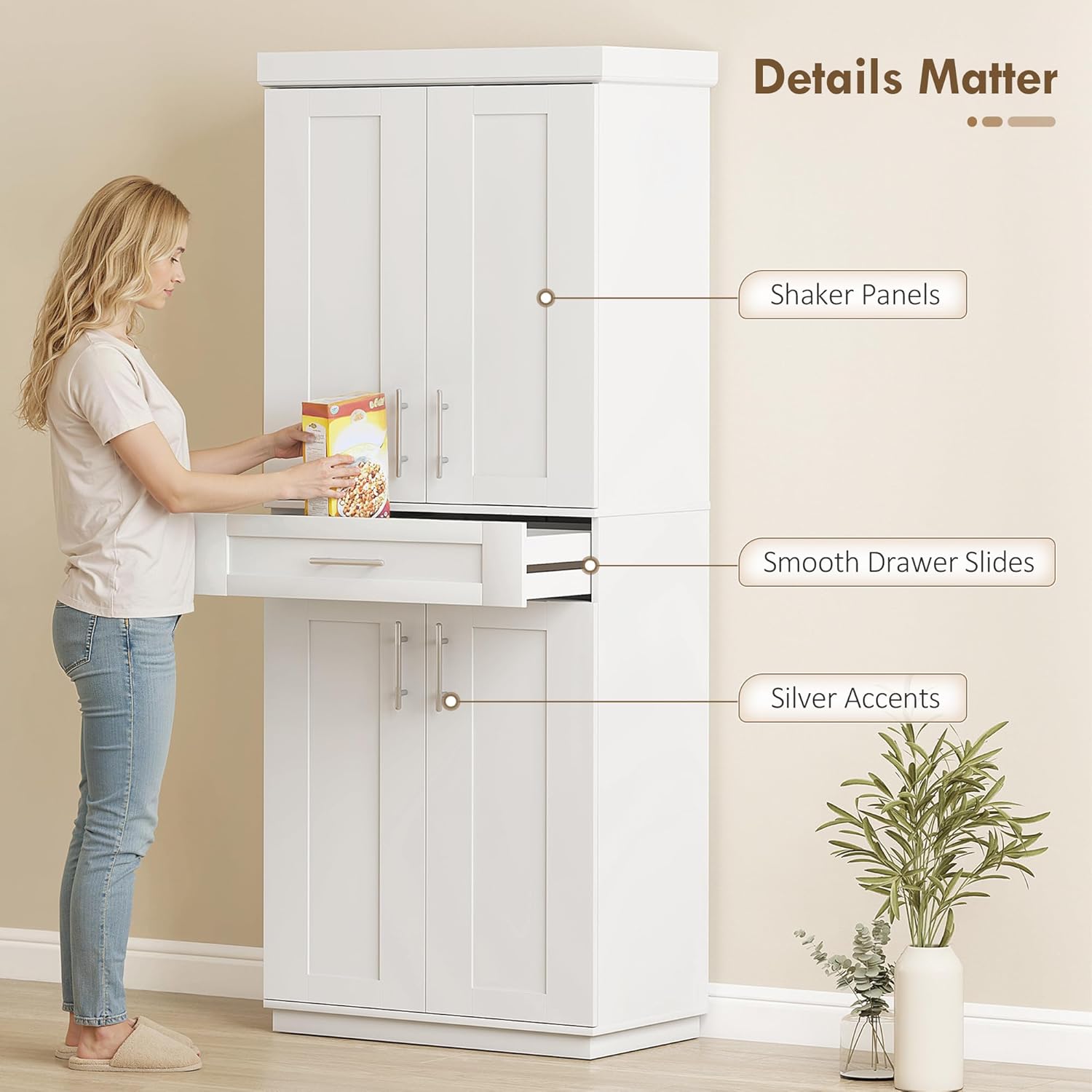 HOMCOM 72" Kitchen Pantry Cabinet, Freestanding Tall Storage Cabinet with 4 Doors, Drawer and 3 Adjustable Shelves for Dining Room, White