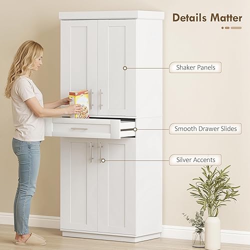 Miniatura 7 de HOMCOM 72" Kitchen Pantry Cabinet, Freestanding Tall Storage Cabinet with 4 Doors, Drawer and 3 Adjustable Shelves for Dining Room, White