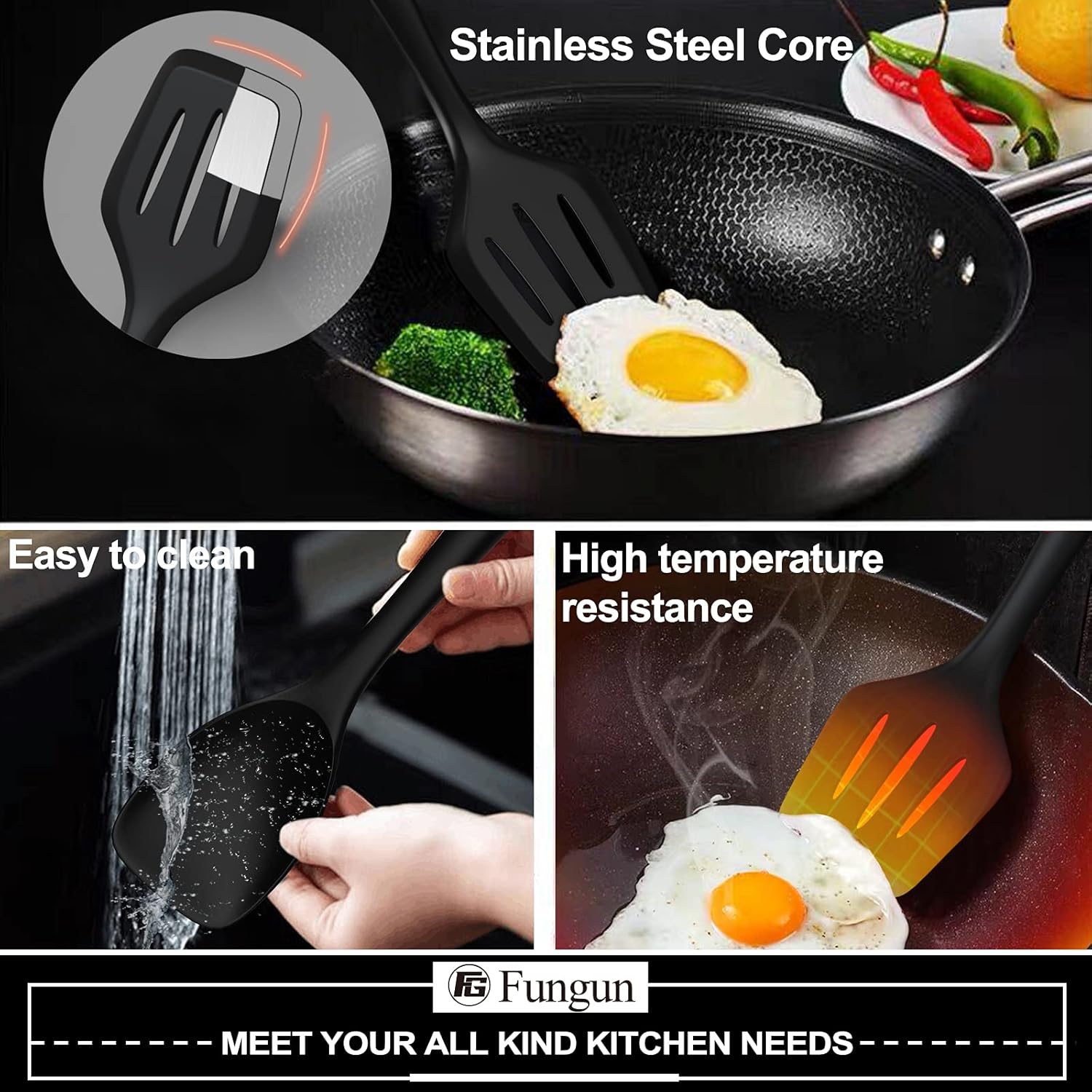 Silicone Cooking Utensils Kitchen Utensil Set-Fungun 26 Pcs 446°F Heat Resistant Tongs Spatula Spoon Kitchen Utensils Set with Holder, BPA Free Kitchen Gadgets Tool Set for Nonstick Cookware(Black) : Home & Kitchen