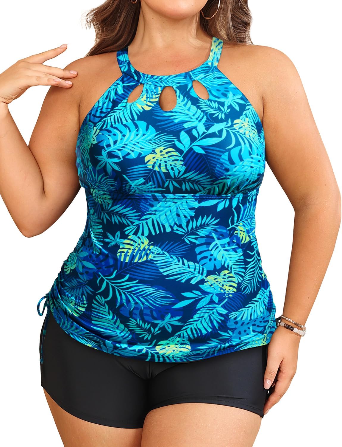 Aqua Eve Women Two Piece Plus Size Swimsuit High Neck Tankini Set Tummy Control Bathing Suit with Shorts - Image 4