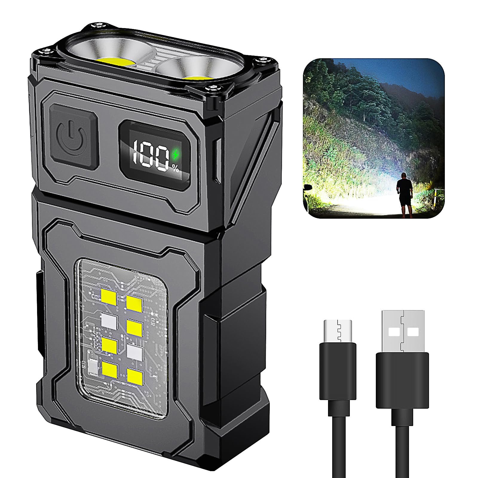 TERRIFILED Mini Tactical Flashlight, Multifunctional Outdoor Flashlight with USB-C Charging, Emergency Power Bank, and Warning Light, Perfect for Night Working, Running, Camping, Fishing, and Hiking