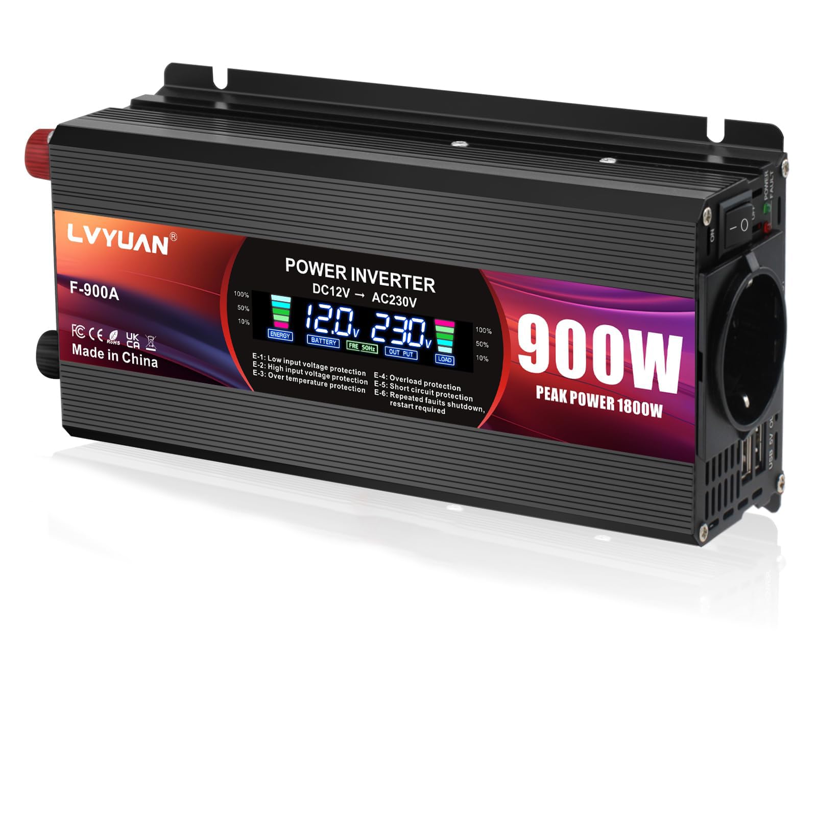 LVYUAN Convertisseur de Tension 12V 220V 900W Onduleur avec Prises UE, 2 USB, Clip Alligator, Allume-Cigare et écran LCD Inverter Peak 1800W