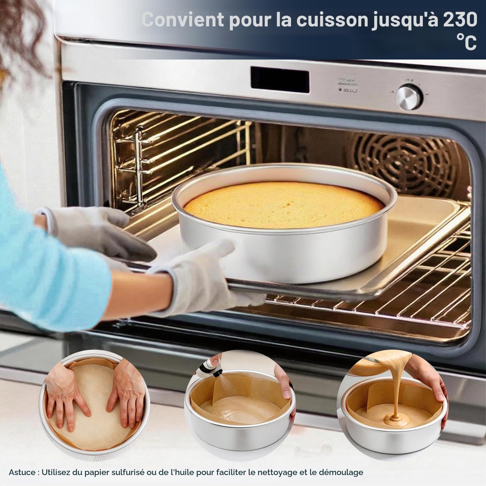 Ensemble de 3 moules à gâteau ronds Ø 10/15/20 cm, moules à pâtisserie professionnelles en aluminium anodisé pour la cuisson, argenté